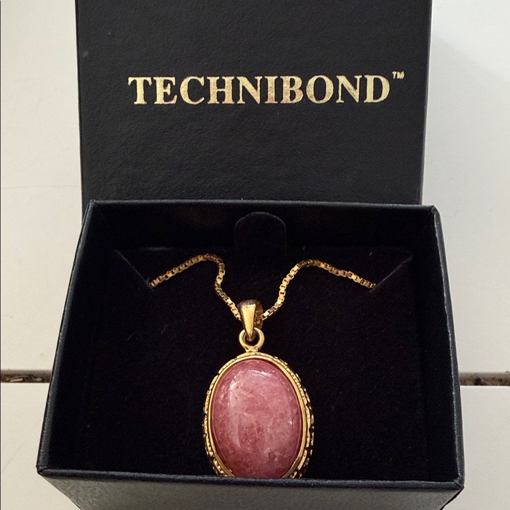Technibond Gold Tone Oval Pink Stone Pendant Necklace